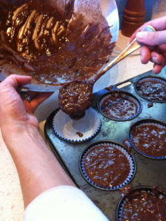 the pouring consistency of chocolate zucchini muffin mixture